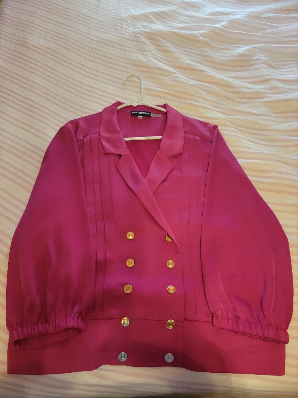 Karl Lagerfeld Vibrant Pink Double-Breasted Satin Blazer with Gold Buttons